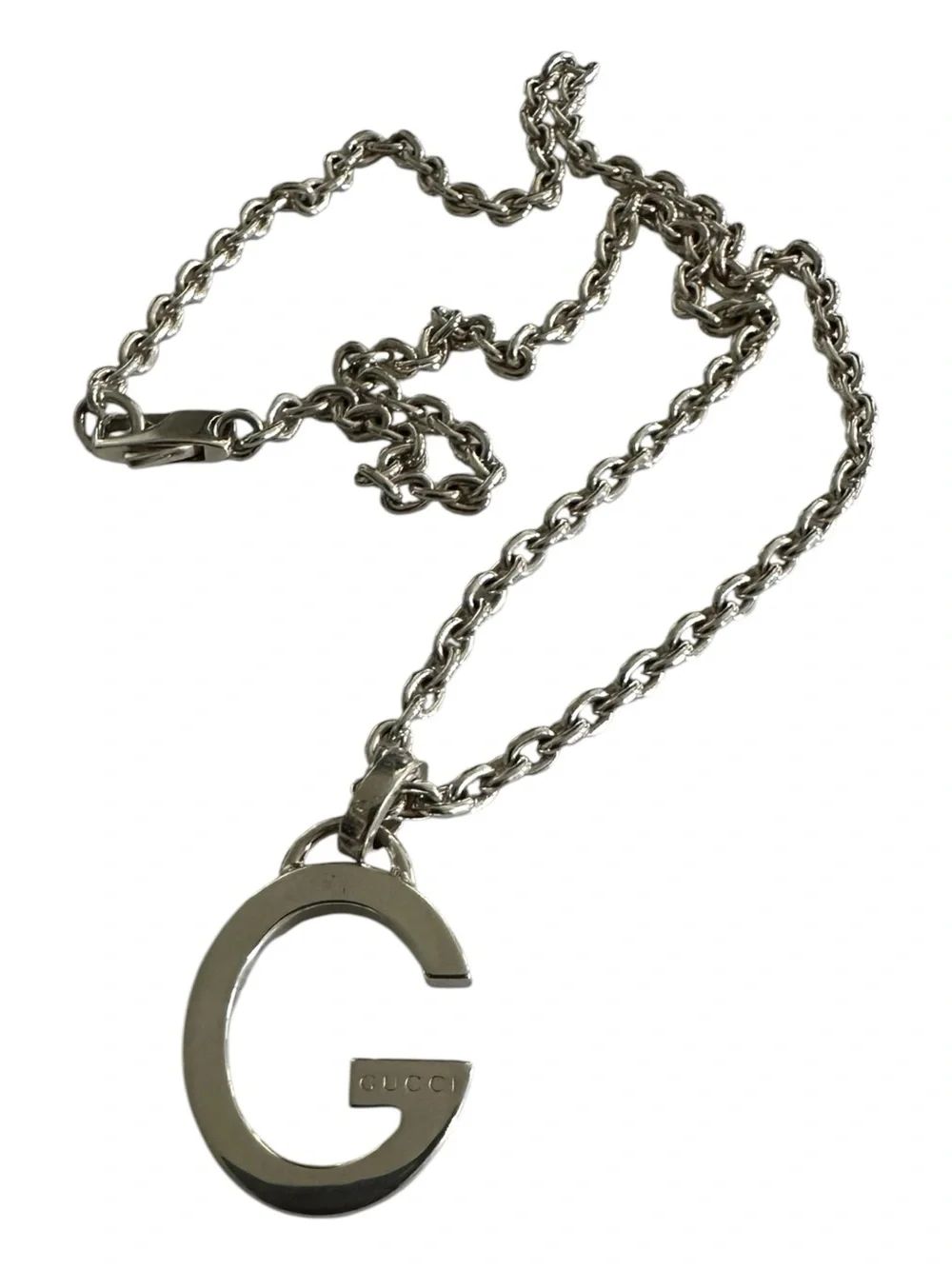 Authentic Gucci G Logo Pendant Necklace Sterling Silver 925 17” Chain Unisex